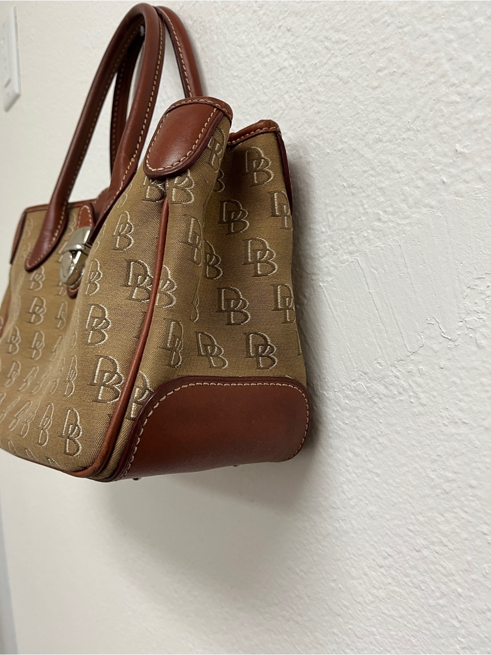 Dooney & Bourke Tan Monogram Satchel with Brown Leather Trim with strap - Picture 4 of 5